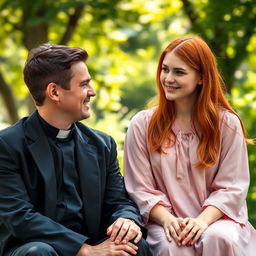 A young priest and a young red-haired woman sitting together in a serene outdoor setting