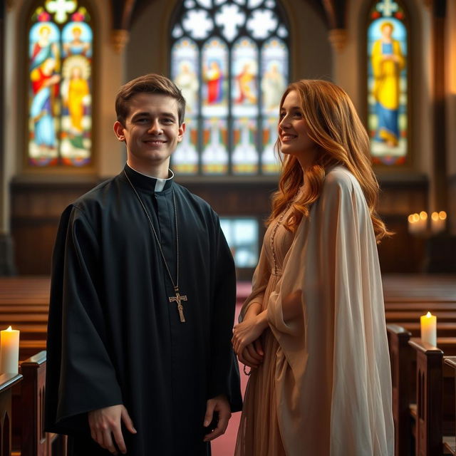 A young priest in a dark robe, standing in a serene church setting, exuding an aura of kindness and wisdom