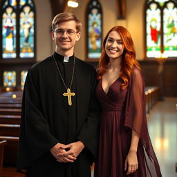 A young priest in a dark robe, standing in a serene church setting, exuding an aura of kindness and wisdom