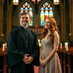 A young priest in a dark robe, standing in a serene church setting, exuding an aura of kindness and wisdom