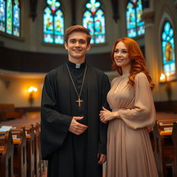 A young priest in a dark robe, standing in a serene church setting, exuding an aura of kindness and wisdom