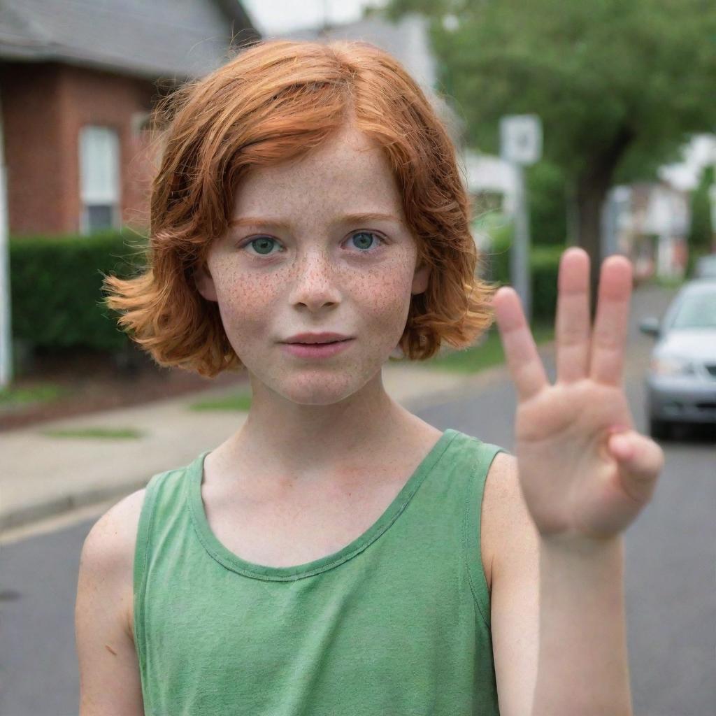 A 10-year-old red-haired girl with green eyes and noticeable freckles, sporting short hair, appears innocent as she raises her hand in confusion. In the background is a quaint neighborhood.