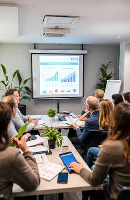 A professional and engaging workshop setting focused on Sustainable Finance and ESG (Environmental, Social, Governance) criteria