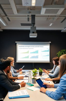 A professional and engaging workshop setting focused on Sustainable Finance and ESG (Environmental, Social, Governance) criteria