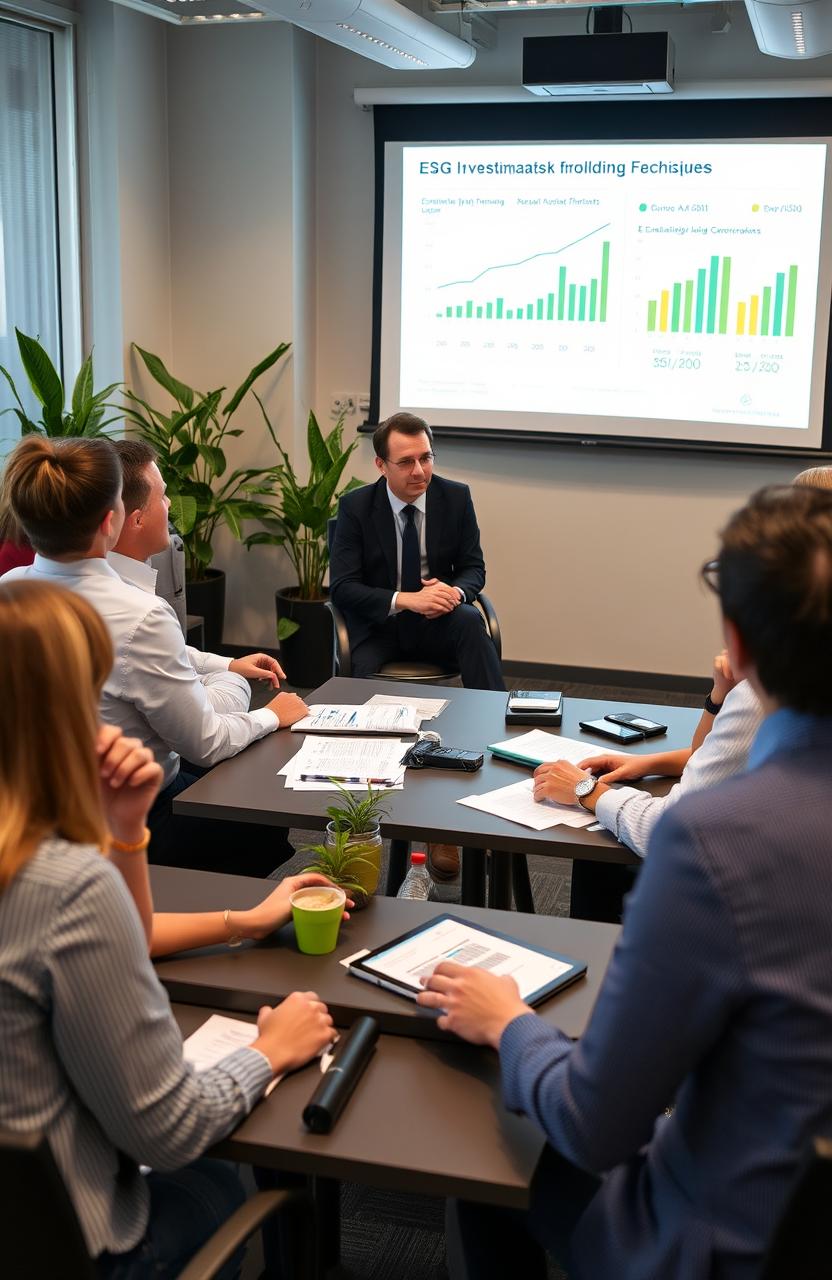 A professional and engaging workshop setting focused on Sustainable Finance and ESG (Environmental, Social, Governance) criteria