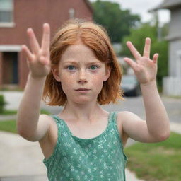 A 10-year-old red-haired girl with green eyes and noticeable freckles, sporting short hair, appears innocent as she raises her hand in confusion. In the background is a quaint neighborhood.