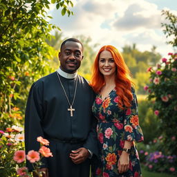 A black priest and a red-haired woman, standing together in a picturesque garden setting