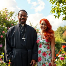 A black priest and a red-haired woman, standing together in a picturesque garden setting