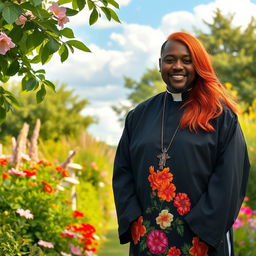 A black priest and a red-haired woman, standing together in a picturesque garden setting