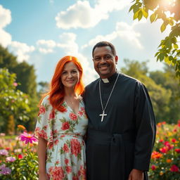 A black priest and a red-haired woman, standing together in a picturesque garden setting