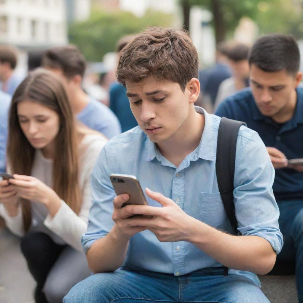 A young man engrossed in his phone, with people around him trying to communicate, but being ignored due to his phone usage. The scene should convey a message of technology impeding personal communication.