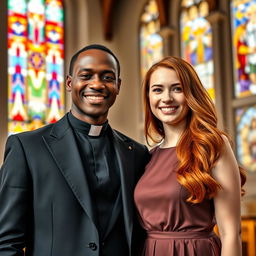 A young black priest in a smart black suit, with a modern clerical collar, standing in a vibrant church setting filled with colorful stained glass windows