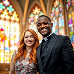 A young black priest in a smart black suit, with a modern clerical collar, standing in a vibrant church setting filled with colorful stained glass windows