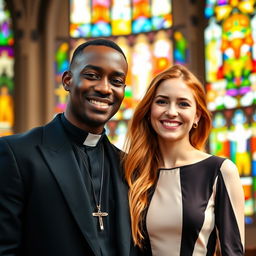 A young black priest in a smart black suit, with a modern clerical collar, standing in a vibrant church setting filled with colorful stained glass windows