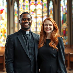 A young black priest in a smart black suit, with a modern clerical collar, standing in a vibrant church setting filled with colorful stained glass windows