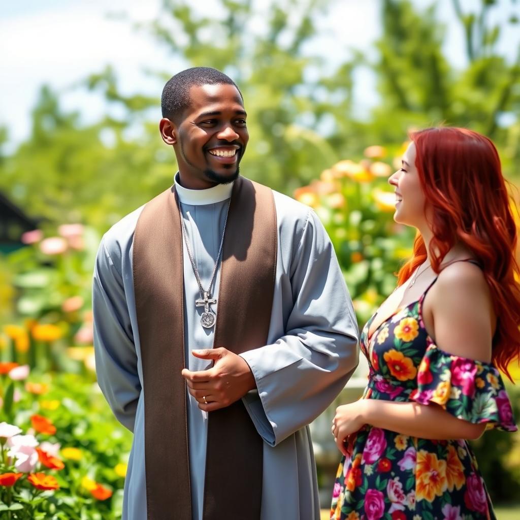 A vibrant scene featuring a young Black priest in a traditional clerical attire, standing confidently with a charismatic smile, and a young woman with striking red hair, wearing a colorful summer dress, both enjoying a sunny day in a blooming garden