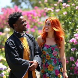 A vibrant scene featuring a young Black priest in a traditional clerical attire, standing confidently with a charismatic smile, and a young woman with striking red hair, wearing a colorful summer dress, both enjoying a sunny day in a blooming garden