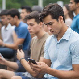 A young man engrossed in his phone, with people around him trying to communicate, but being ignored due to his phone usage. The scene should convey a message of technology impeding personal communication.