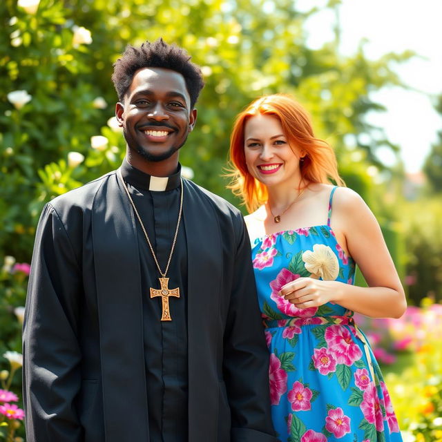 A vibrant scene featuring a young Black priest in a traditional clerical attire, standing confidently with a charismatic smile, and a young woman with striking red hair, wearing a colorful summer dress, both enjoying a sunny day in a blooming garden