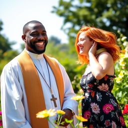 A vibrant scene featuring a young Black priest in a traditional clerical attire, standing confidently with a charismatic smile, and a young woman with striking red hair, wearing a colorful summer dress, both enjoying a sunny day in a blooming garden