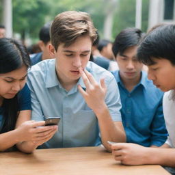 A young man engrossed in his phone, with people around him trying to communicate, but being ignored due to his phone usage. The scene should convey a message of technology impeding personal communication.