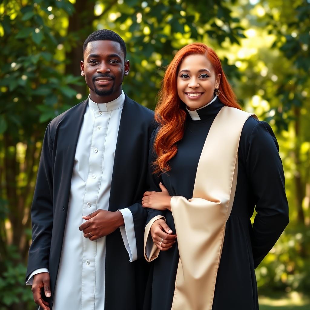 A strong young Black male priest in a stylish cassock, exuding confidence and charisma, standing beside a young elegant redhead woman, who is dressed in a fashionable dress