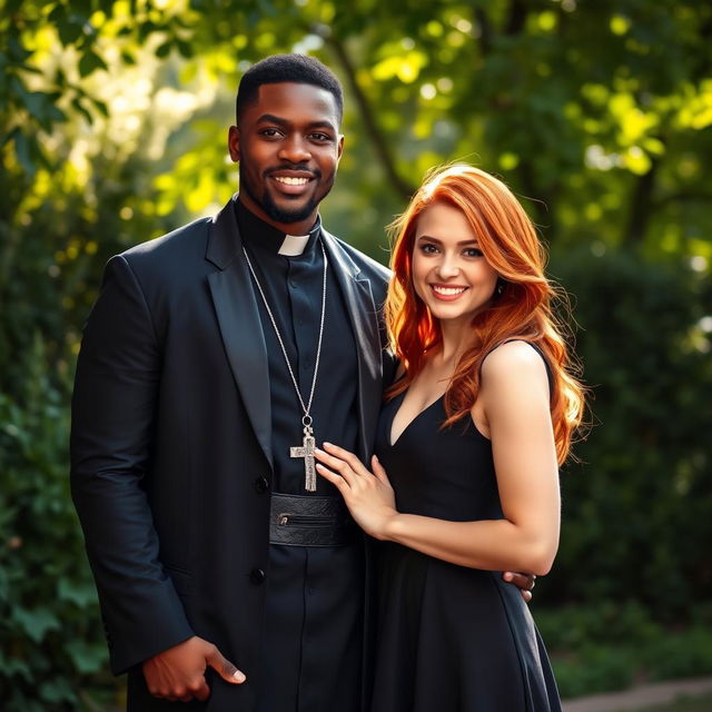 A strong young Black male priest in a stylish cassock, exuding confidence and charisma, standing beside a young elegant redhead woman, who is dressed in a fashionable dress