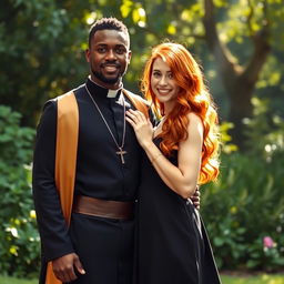 A strong young Black male priest in a stylish cassock, exuding confidence and charisma, standing beside a young elegant redhead woman, who is dressed in a fashionable dress