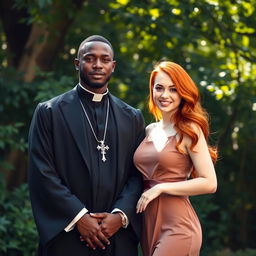 A strong young Black male priest in a stylish cassock, exuding confidence and charisma, standing beside a young elegant redhead woman, who is dressed in a fashionable dress