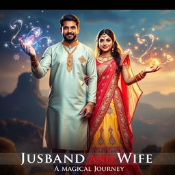 An Indian husband and wife, both displaying magical powers, stand confidently together in a vibrant cinematic pose