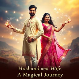 An Indian husband and wife, both displaying magical powers, stand confidently together in a vibrant cinematic pose