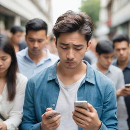 A young man engrossed in his phone, with people around him trying to communicate, but being ignored due to his phone usage. The scene should convey a message of technology impeding personal communication.