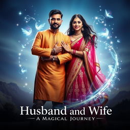 An Indian husband and wife, both displaying magical powers, stand confidently together in a vibrant cinematic pose