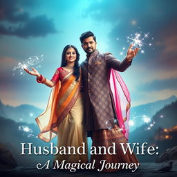 An Indian husband and wife, both displaying magical powers, stand confidently together in a vibrant cinematic pose