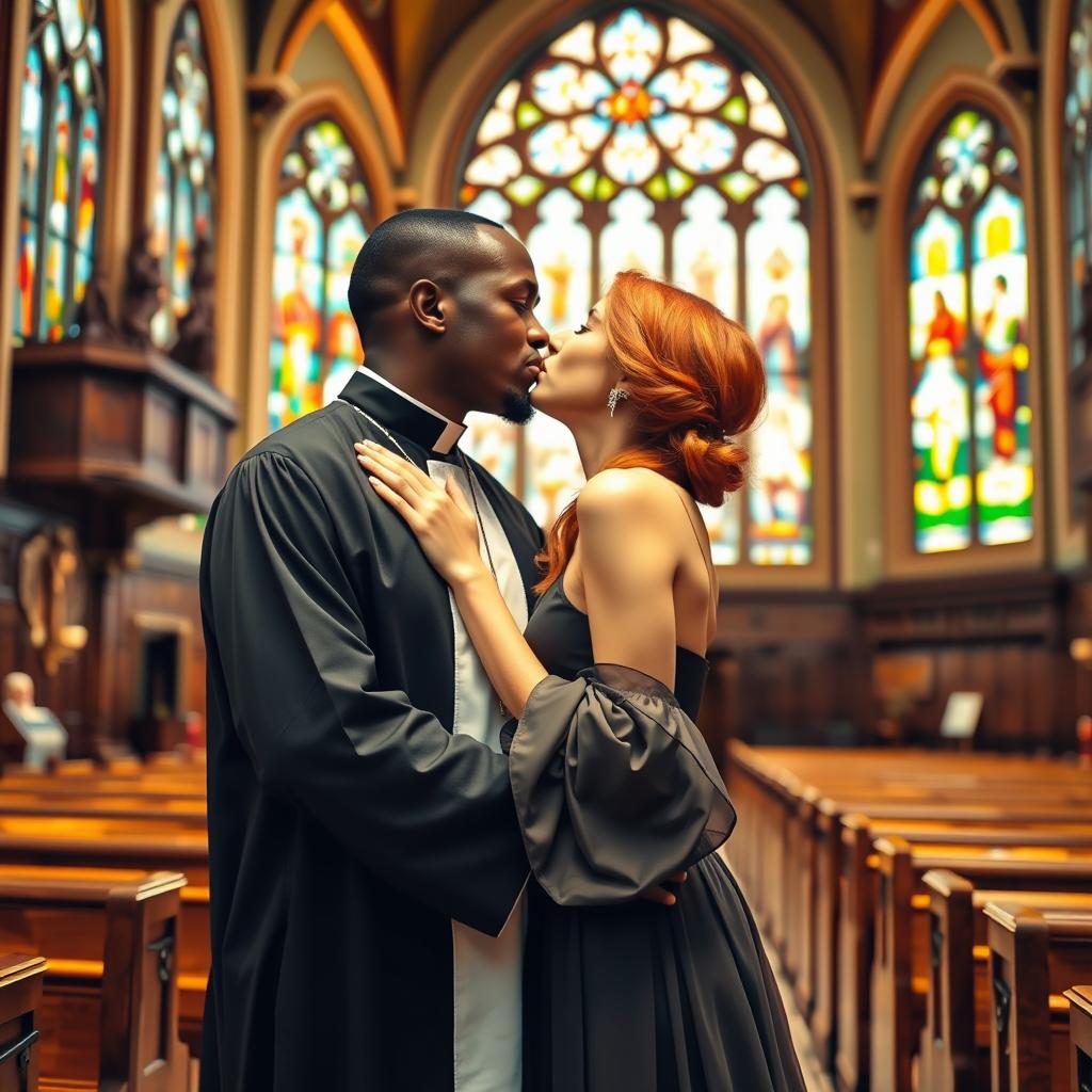 A strong young Black priest and a young elegant red-haired woman kissing tenderly inside a beautiful church