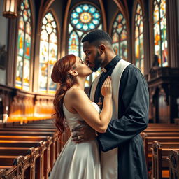 A strong young Black priest and a young elegant red-haired woman kissing tenderly inside a beautiful church