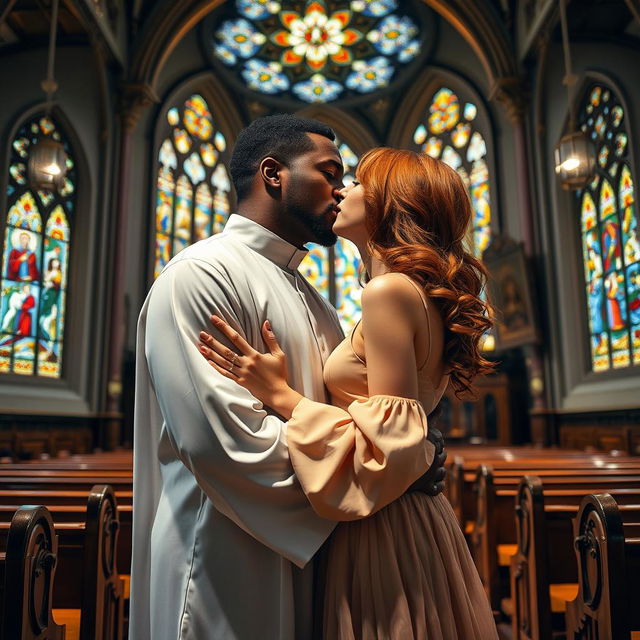 A strong young Black priest and a young elegant red-haired woman kissing tenderly inside a beautiful church