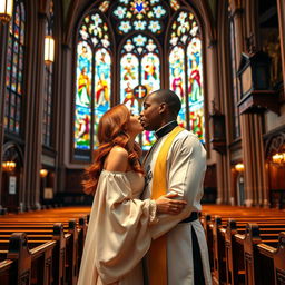 A strong young Black priest and a young elegant red-haired woman kissing tenderly inside a beautiful church