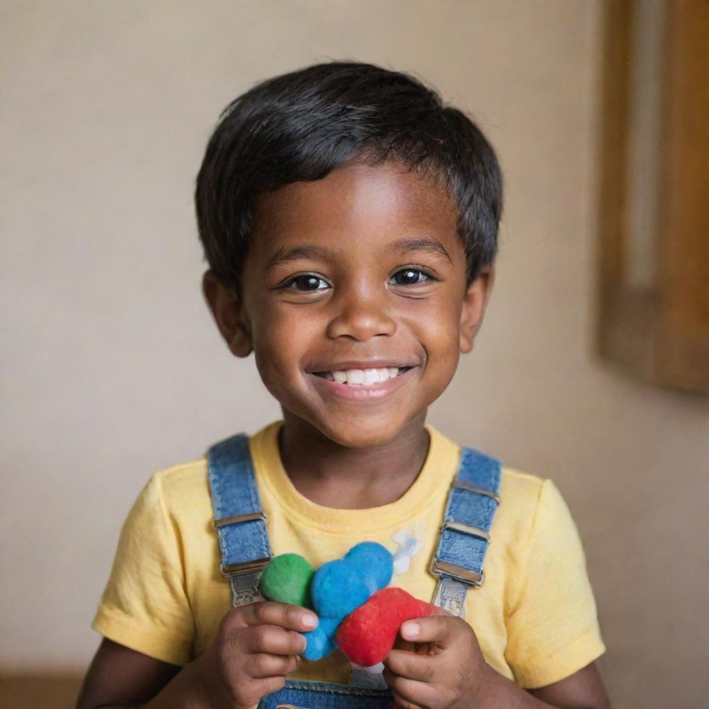 A 4-year-old boy with dark skin, black hair, and brown eyes, sporting short hair, is smiling slightly as he gazes ahead, clutching a toy in his hand. He's situated indoors in a cozy house.