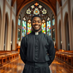 A young black male priest standing confidently inside a beautiful church