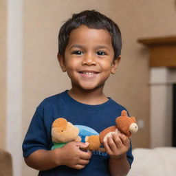 A 4-year-old boy with dark skin, black hair, and brown eyes, sporting short hair, is smiling slightly as he gazes ahead, clutching a toy in his hand. He's situated indoors in a cozy house.