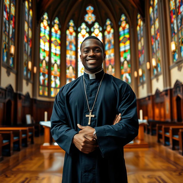 A young black male priest standing confidently inside a beautiful church