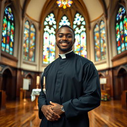 A young black male priest standing confidently inside a beautiful church