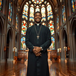 A young black male priest standing confidently inside a beautiful church