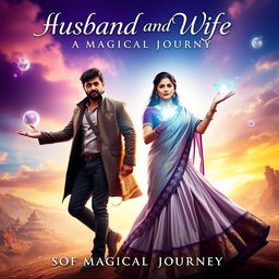 A cinematic poster featuring an Indian husband and wife, both possessing magical powers