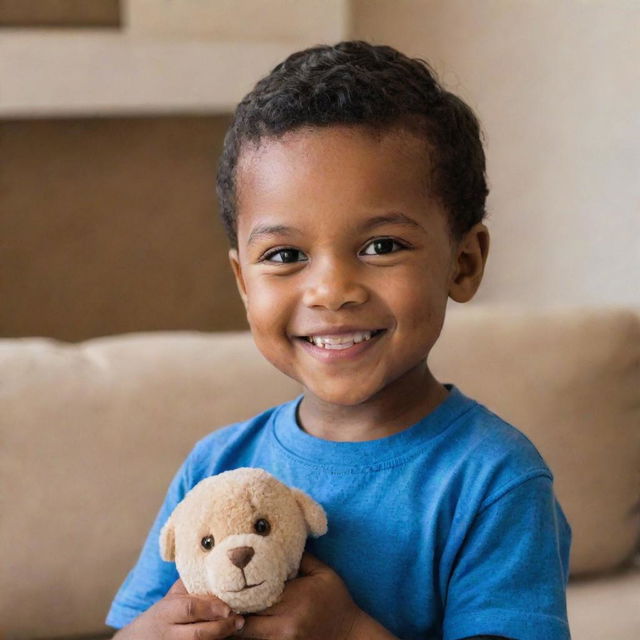 A 4-year-old boy with dark skin, black hair, and brown eyes, sporting short hair, is smiling slightly as he gazes ahead, clutching a toy in his hand. He's situated indoors in a cozy house.