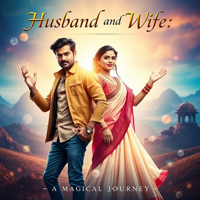 A cinematic poster featuring an Indian husband and wife, both possessing magical powers