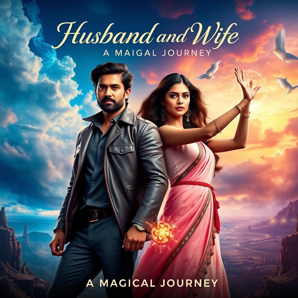 A cinematic poster featuring an Indian husband and wife, both endowed with magical powers