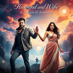 A cinematic poster featuring an Indian husband and wife, both endowed with magical powers