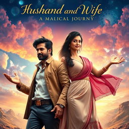 A cinematic poster featuring an Indian husband and wife, both endowed with magical powers